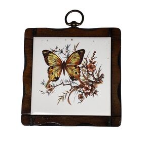 Vtg 80’s Jerry Schultz Butterfly Ceramic Tile Wood Wall Hanging Plaque Trivet